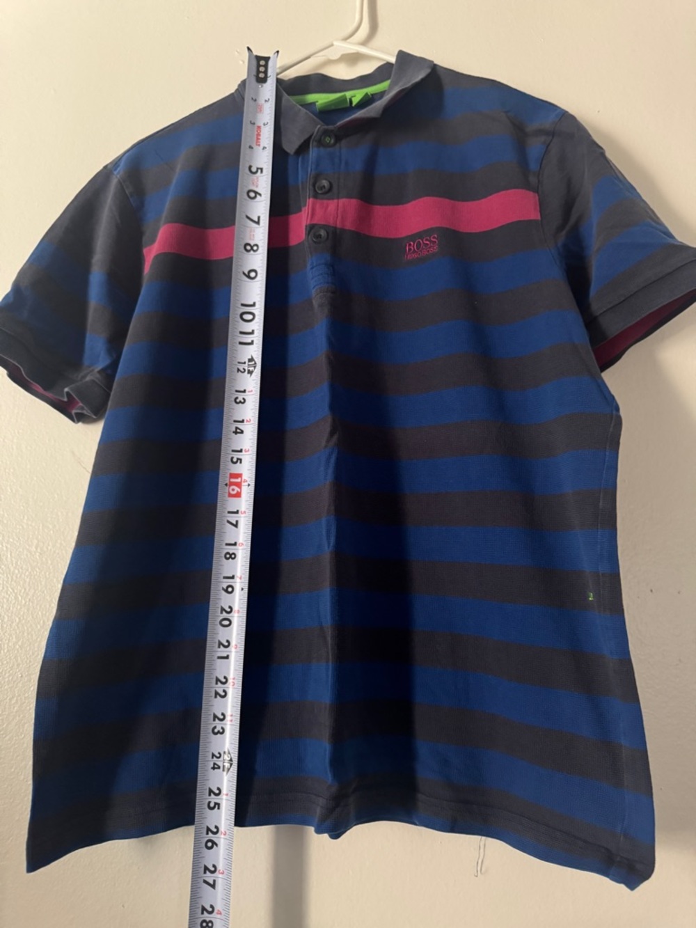 BOSS Polo Shirt in Pink, Blue and Navy with Green Trim - Picture 2 of 6